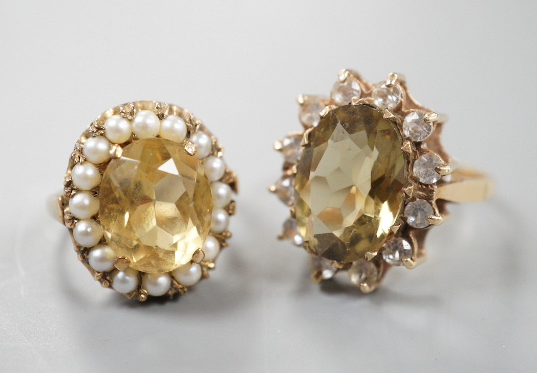 Two Victorian style 9ct gold and gem set rings, including citrine and seed pearl, gross weight 10.6 grams.